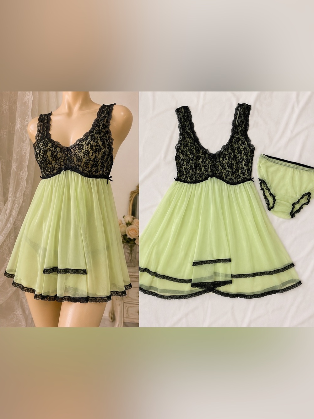Vintage 1970s Penny Rich Creations Babydoll Chemise Panty Set M Green Black Lace